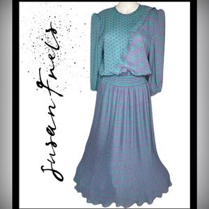 Vtg  Grandma’s Dress Susan Freis Polka Dots Pleated Skirt Sz Small Ruched Band